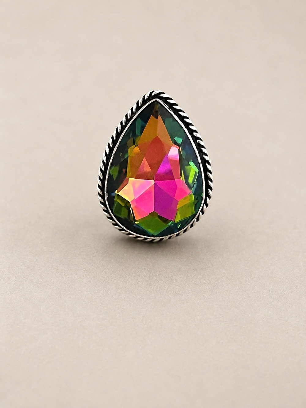 Teardrop Mystic Fire Topaz 925 Silver Ring Sz 8.5